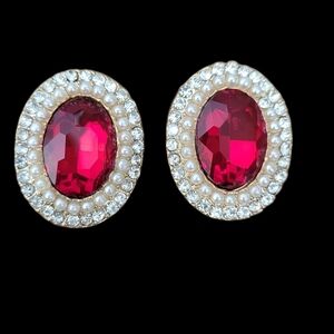 Red Oval Clip On Earrings